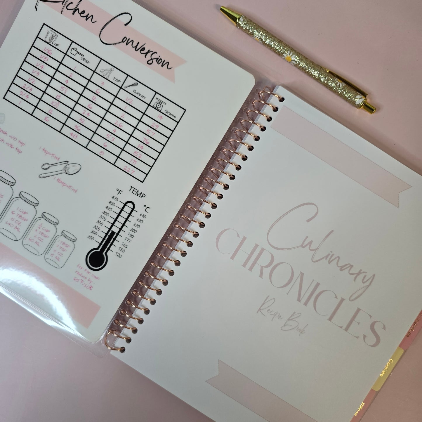 Culinary Chronicles β 150-Page Dessert Recipe Planner | Cake, Cookies, Cheesecake, Traybakes & More | Rose Gold Spiral & Kitchen Conversion Guide