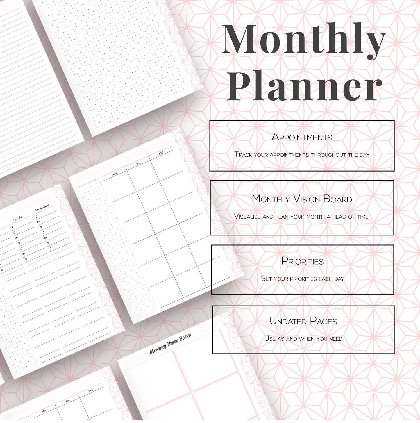 Trio Planner – Undated Daily, Weekly & Monthly Organizer | 6-Month Productivity & Planning Notebook with Vision Boards & Notes | Rose Gold Coil