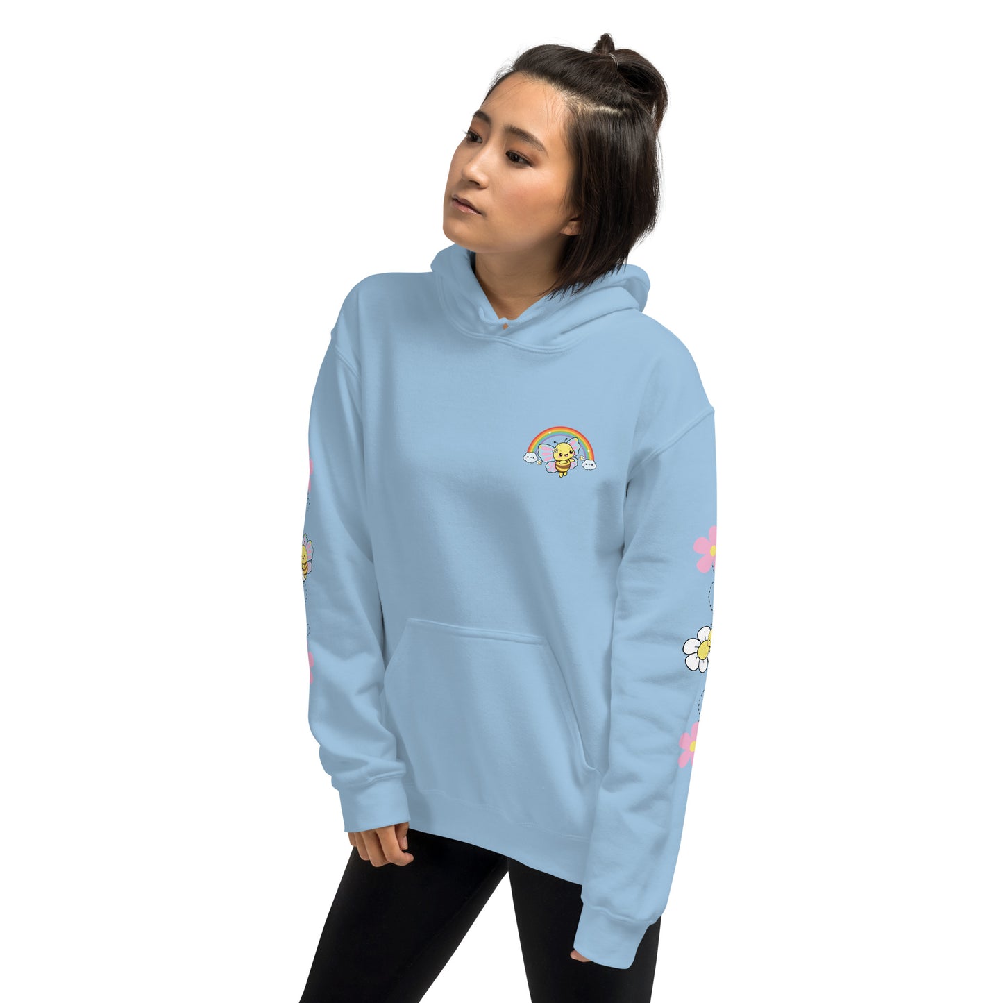 Hoodie with Cute Bee / Rainbow | Kawaii Flower Sleeve | Cozy Hoodie for Women and Teens | Spring & Summer | Kawaii Aesthetic | Gift for Her