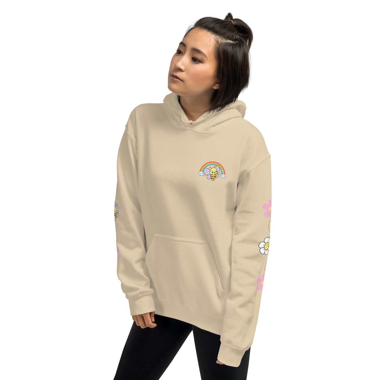 Hoodie with Cute Bee / Rainbow | Kawaii Flower Sleeve | Cozy Hoodie for Women and Teens | Spring & Summer | Kawaii Aesthetic | Gift for Her