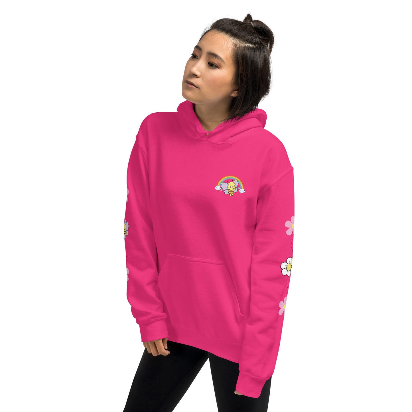 Hoodie with Cute Bee / Rainbow | Kawaii Flower Sleeve | Cozy Hoodie for Women and Teens | Spring & Summer | Kawaii Aesthetic | Gift for Her